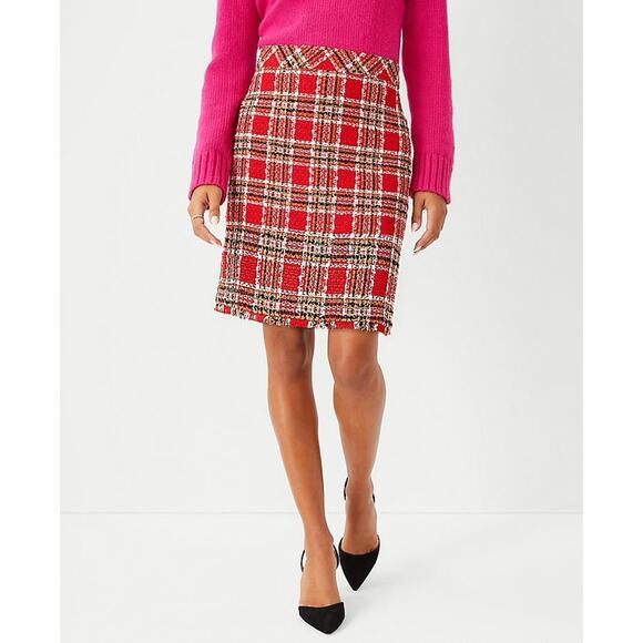 Ann Taylor Plaid Fringe Tweed Skirt Classic Red 578511 Sz 4 Top Of Knee NWOT - Picture 13 of 16